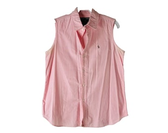 90s Ralph Lauren womens 10 Pink Cotton Distressed Sleeveless Button Shirt, Ralph Lauren Womens Button Shirt, Womens Cotton Shirt