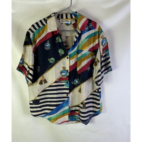 80s Streetwear Button Shirt Womens Medium Silk Nautical Sailor, Womens Silk Blouse, Vintage Button Shirt, Streetwear Shirt