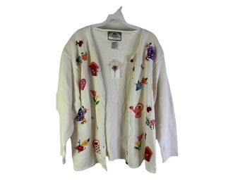 Deadstock 90s Womens 2XL Garden Flowers Knit Cardigan Sweater Whimsy, Womens Floral Sweater, Vintage Garden Sweater, Knit Sweater