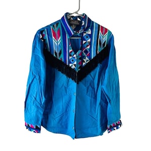 80s Womens Small Southwestern Print Fringe Rodeo Button Shirt Cowgirl, Vintage Rodeo Button Shirt, Womens Cowgirl Blouse, Western Shirt