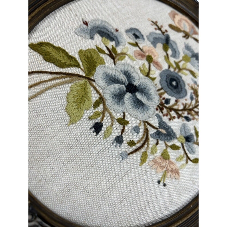 70s Handmade Country Floral Butterfly Crewel Yarn Art Wall Plaques Pair