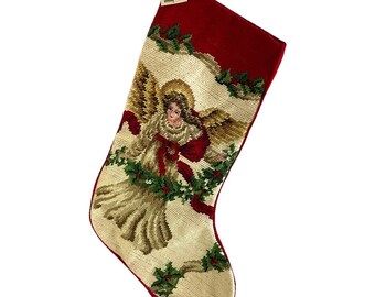 Calcetín navideño vintage NOS Y2K con ángel bordado a punto de cruz, estilo primitivo, calcetín navideño vintage, calcetín navideño bordado a punto de cruz.