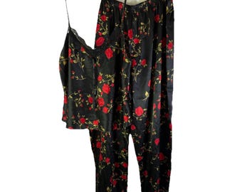 Set pigiama floreale in raso con motivo a insetti Y2K, pantaloni, canotta, maglietta, top, da donna, taglia 2XL, pigiama in raso da donna, pigiama floreale, pigiama con motivo a insetti alla moda