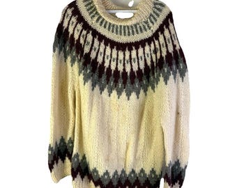 90s Rockabilly Cowichan Wool Noridc Knit Sweater Mens XL, Mens Knit Sweater, Vintage Cowichan Wool Sweater, Nordic Knit Sweater