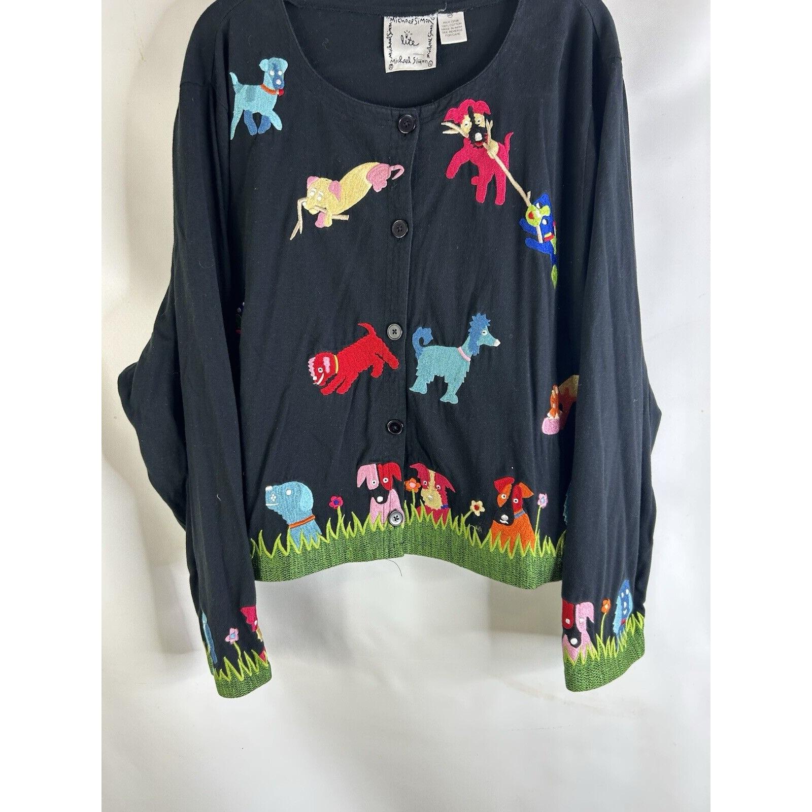 90s Michael Simon Womens 2XL Rainbow Puppy Dog Stitched Cardigan Sweater, Vintage Michael Simon Sweater, Vintage Novelty Sweater