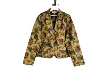 90s Womens XL Country Floral Tapestry Afghan Blazer Jacket Boho Cottage, Vintage Tapestry Jacket, Womens Floral Blazer, Cottagecore Jacket