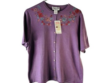 NOS 90s Pendleton mujeres gran punto de seda floral manga corta suéter cardigan, suéter de mujer Pendleton, suéter de punto de seda vintage