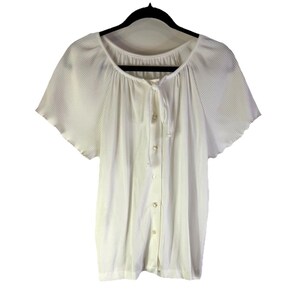 Blusa de mujer estilo años 70 con mangas con volantes y botones, talla 14, fabricada en EE. UU.; blusa de punto para mujer; camisa vintage con botones y volantes.