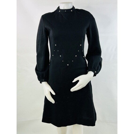 70s Bishop Puff Sleeve Studded Disco Dress Black … - image 5