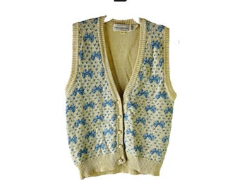 90s Womens Small Bow Tie Knit Cardigan Sweater Vest Cottagecore, Womens Knit Cardigan Sweater, Vintage Sweater Vest, Cottagecore Sweater