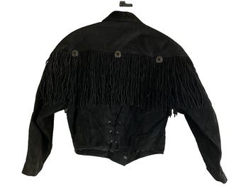 80s Western Womens Small Suede Leather Fringe Cropped Jacket Black, Fringe Leather Jacket, Womens Suede Leather Jacket, Western Jacket