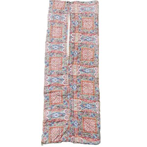 May include: A long, rectangular sleeping bag with a zipper down the center. The sleeping bag is made of a quilted fabric with a colorful paisley pattern in shades of red, blue, green, and white.