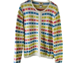 Vintage 90s Multi Color Knit Cardigan Sweater / Womens Cozy