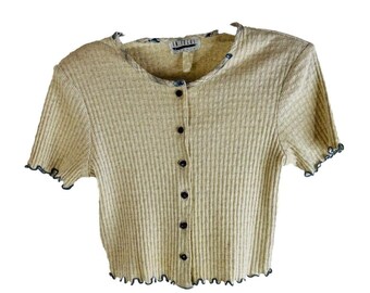 90s Womens Medium Textured Knit Button Cropped Top Shirt US Grunge, Womens Button Shirt, Y2K Cropped Top, Grunge Button Shirt