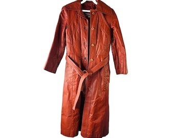 70s Womnes 7/8 Genuine Leather Collared Belted Maxi Trench Coat Red Brown, Womens Leather Coat, Vintage Leather Trench Coat, 70s Coat