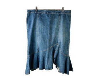 Y2K Womens 16 Ruffled Denim Mermaid Denim Jean Knee Skirt Grunge, Womens Denim Skirt, Vintage Mermaid Jean Skirt, Y2K Denim Skirt