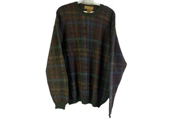 90s Mens Large Wool Rainbow Plaid Knit Crewneck Sweater Preppy Dad, Mens Knit Sweater, vintage Wool Sweater, Rainbow Sweater