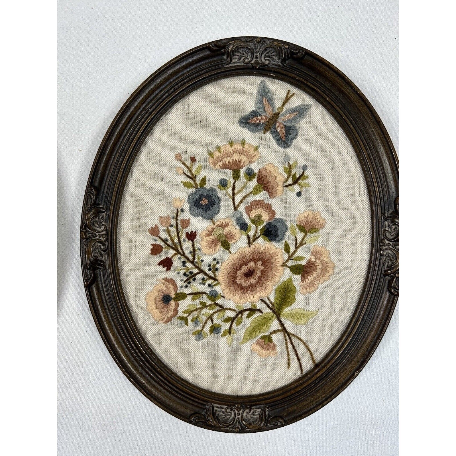 70s Handmade Country Floral Butterfly Crewel Yarn Art Wall Plaques Pair