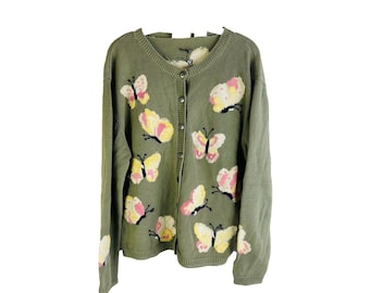 Cardigan lavorato a maglia con farfalle XL da donna anni '90, novità fata, maglione lavorato a maglia da donna, maglione vintage con farfalle, maglione novità