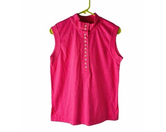 80s Womens Medium Button Henley Collared Sleeveless Shirt USA Pink Preppy, Womens Collared Blouse, Vintage Henley Shirt, 1980s Blouse