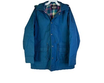 90s Woolrich Womens Medium Wool Lined Hooded Parka Jacket Blue, Woolrich Womens Jacket, Vintage Chore Coat, Womens Barn Coat