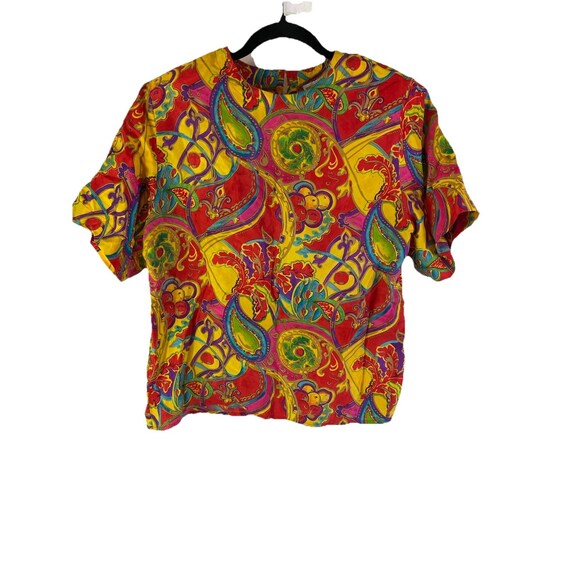 80s Womens 10 Silk Rainbow Filagree Paisley Shirt Whimsy Streetwear, Womens Silk Blouse, Vintage Rainbow Shirt, Paisley Shirt