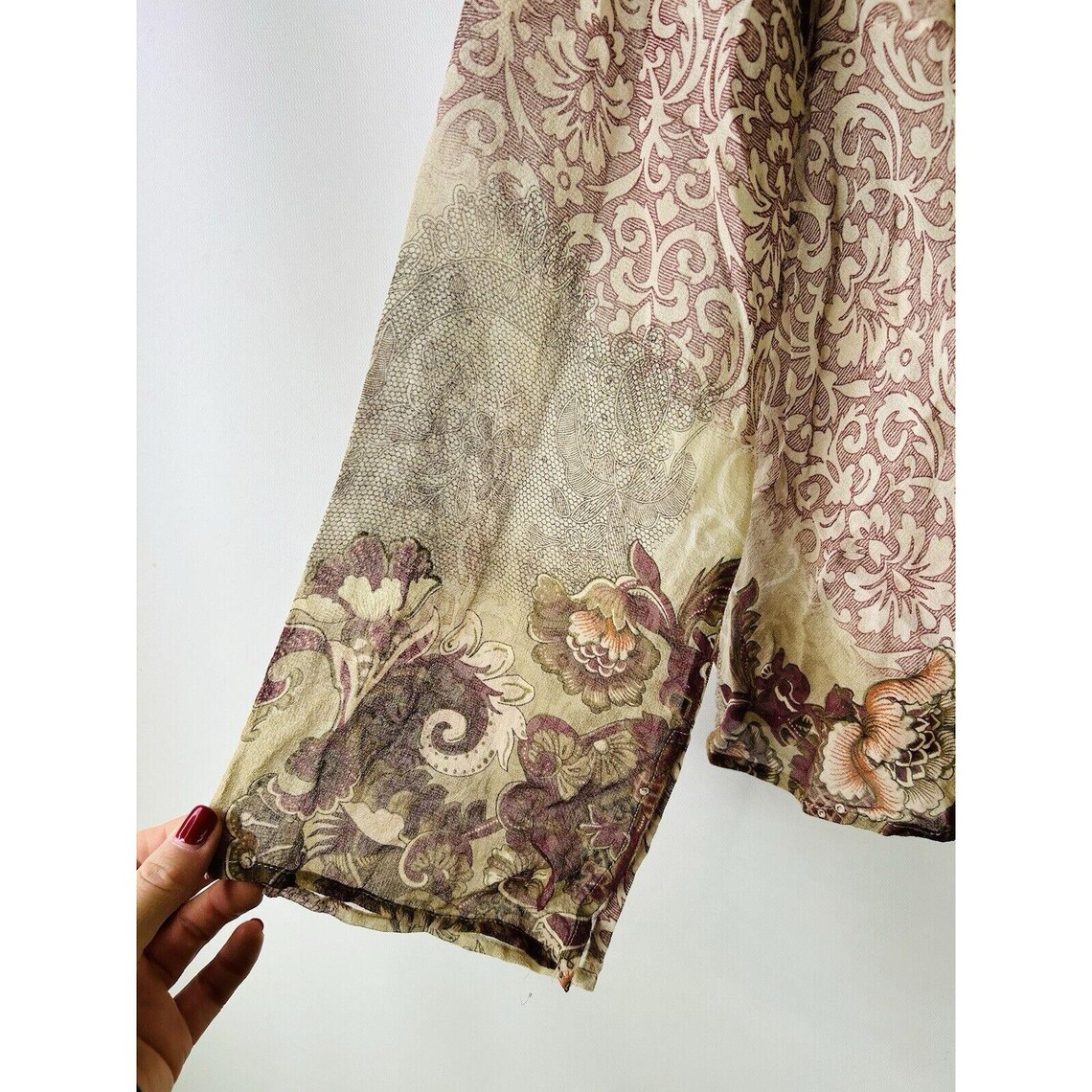 Y2K Womens Small Silk Patchwork Floral Sheer Blouse Shirt Fairy Earthy, Womens Silk Blouse, Vintage Patchwork Blouse, Fairy Blouse, foto 4 di 5
