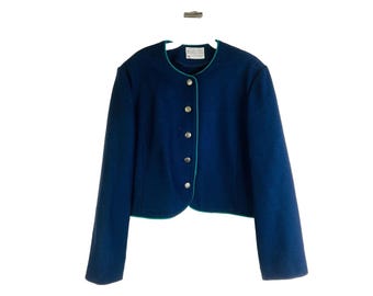 Veste blazer boutonnée moyenne en laine vierge Pendleton pour femmes des années 80 bleu marine, blazer Pendleton pour femmes, veste Pendleton vintage