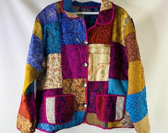 90s Womens Medium Silk Patchwork Quilt Coat Quilted Jacket Cottagecore, Vintage Quilt Coat, Cottagecore Patchwork Jacket, Womens Silk JAcket