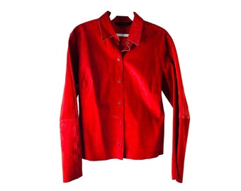 Y2K Express Damen 4 Wildleder Leder Knopfleiste Shirt Rot Western Grunge, Express Damen Button Shirt, Vintage Wildleder Bluse, Bluse
