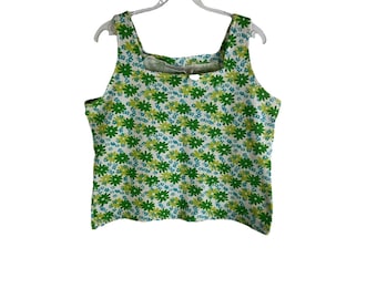 Y2K Womens Large Rainbow Floral Waffle Knit Cropped Shirt Tank Top Rave, Womens Floral Shirt, Vintage Cropped Tank Top, Y2K Crop Top