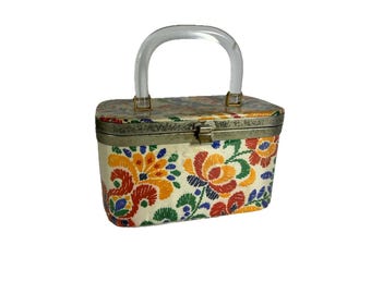 60s Lucite Handle Floral Box Purse Tote Rockabilly Pin Up, Vintage Box Purse, Lucite Box Purse, Womens Floral Purse