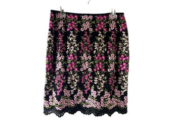 Y2K Womens 10 Floral Embroidered Lace Hem Straight Skirt Fairy Whimsigoth, Womens Floral Skirt, Vintage Fairy Skirt, Embroidered Skirt