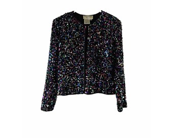 80s Womens Medium Silk Rainbow Embellished Sequined Blazer Jacket Party Deco, Adrianna Papell Blazer, Vintage Silk Beaded Blazer, Blazer