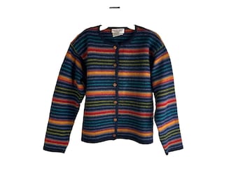 90s feminino pequeno lã arco-íris listrado cardigan suéter streetwear, feminino malha cardigan suéter, vintage lã suéter, arco-íris listrado suéter