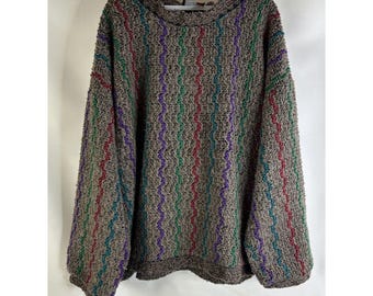 80s Mens 2XL Rainbow Stripe Textured Knit Crewneck Sweater Streetwear, Mens Knit Sweater, Vintage Textured Knit Sweater, Streetwear Sweater