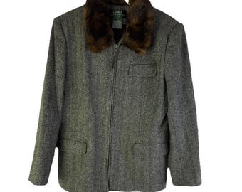 Jaren 90 Lauren Ralph Lauren dames 12 kleine zijdewolmix blazer van imitatiebont, Lauren Ralph Lauren-blazer, damesjas met imitatiebontkraag