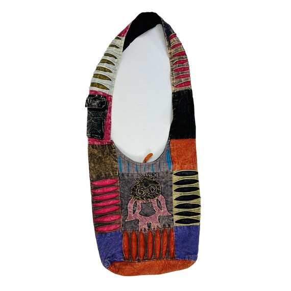 90s Hippy Boho Rainbow Patchwork Owl Shoulder Bag… - image 1