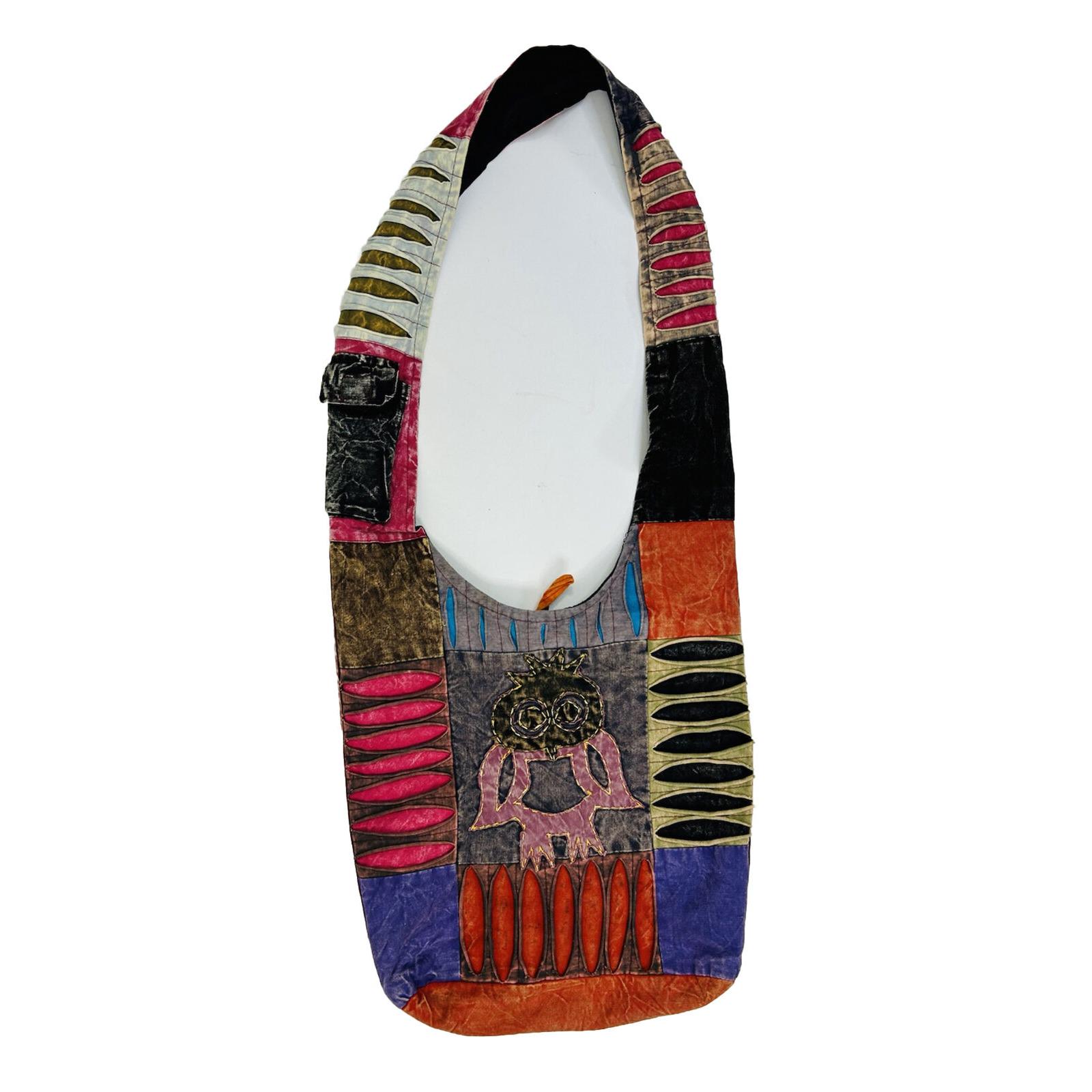 90s Hippy Boho Rainbow Patchwork Owl Shoulder Bag Tote Purse 