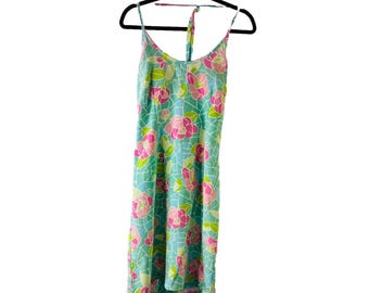 Jaren 90 Lilly Pulitzer Womens 4 Silk Floral Ingebouwde Bra Halter Sun-jurk, Vintage Lilly Pulitzer-jurk, Zijden Bloemenjurk Dames, Slipdress