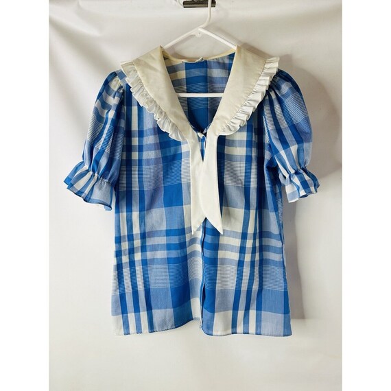 80s Womens Medium Picnic Plaid Puff Sleeve Button… - image 2