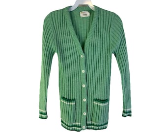 70s Knit Tennis Cardigan Sweater, Green Ribbed Acrylic, Womens Medium