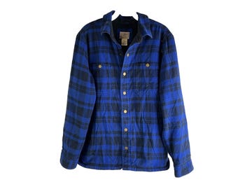 Jaren 90 L.L. Bean heren blauw geruit overhemd met fleece gevoerd knoopjack, herenjas LL Bean, vintage fleece gevoerd overhemd met knopen, shacket