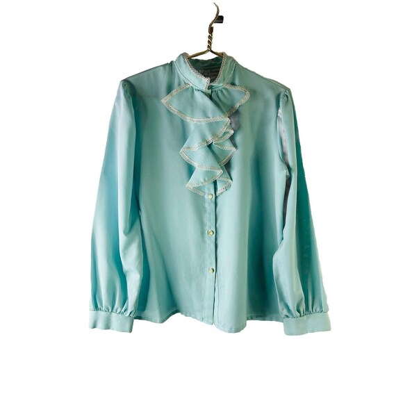 70s Womens Large Frilly Ruffled Lace Blouse Button Shirt USA 