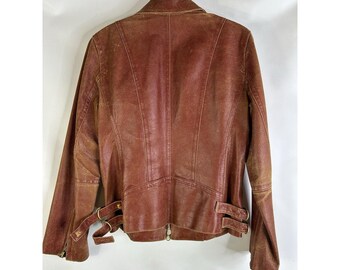 Y2K DKNY Womens 10 Leather Distressed Faded Zip Jacket Moto