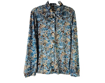70s Womens Medium Country Floral Knit Pointed Collar Button Shirt Disco, Womens Floral Blouse, Vintage Pointed Collar Button Shirt, Disco