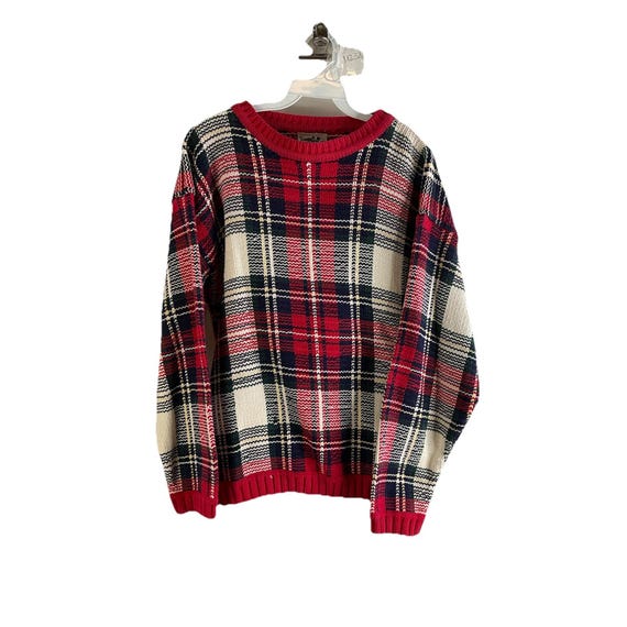 90s Womens Medium Tartan Plaid Knit Baggy Crewneck Sweater Preppy, Womens Knit Sweater, Vintage Plaid Sweater, Preppy Sweater