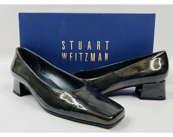 VTG Y2K Stuart Weitzman Donna 7 AA Tacchi a blocco in pelle verniciata con punta quadrata, Tacchi vintage Stuart Weitzman, Tacchi con punta quadrata Y2K