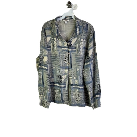 80s Womens XL Silk Geometric Print Button Shirt S… - image 1