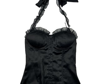 VTG Y2K Womens Medium Black Satin Ruffled Smocked Halter Corset Bustier Top Goth, Womens Black Corset Top, Vintage Satin Bustier, Goth Top